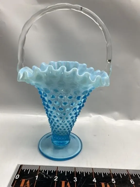 Blue Hobnail Opalescent Glass Basket