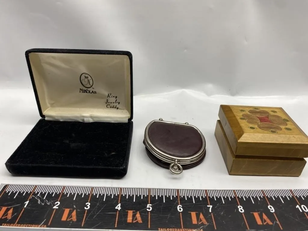 Ring/jewelry box, coin purse, and wooden trinket