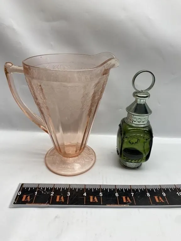 Pink Depression Glass Pitcher & Avon Whale Oil
