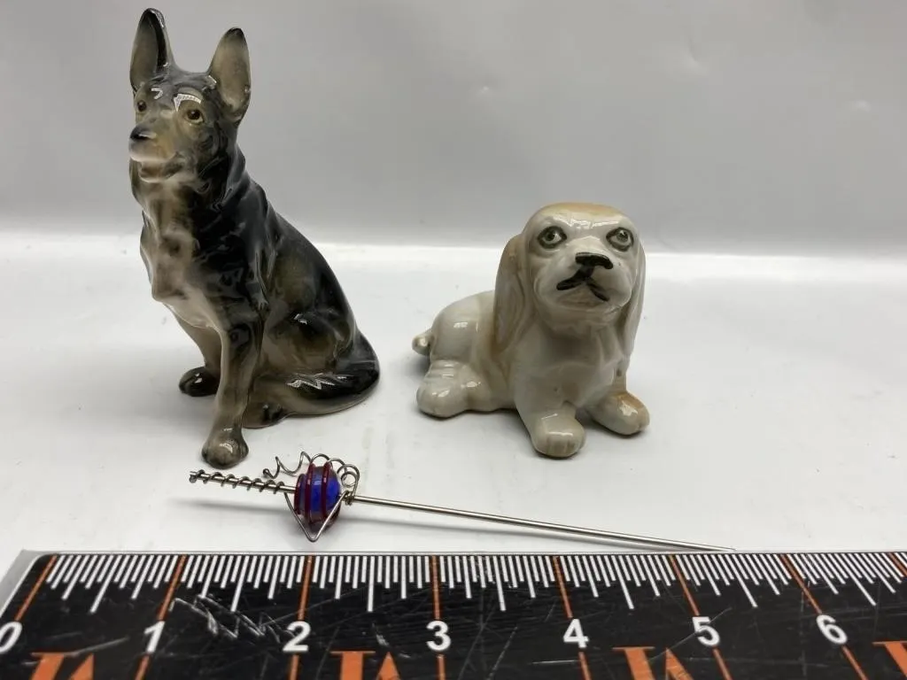 Japan Porcelain Dog Figurines & Glass Stick Pin