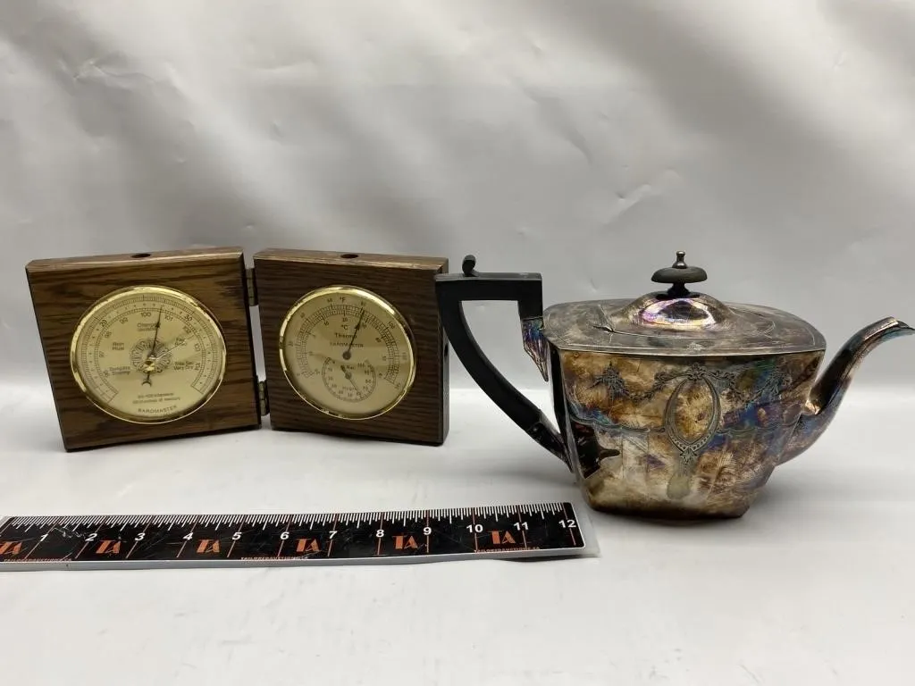 Silver-Plate Teapot & Barometer/Thermometer Set