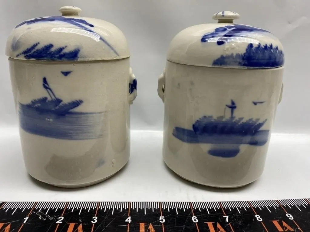 Pair Blue & White Asian Ginger Jars with Lids