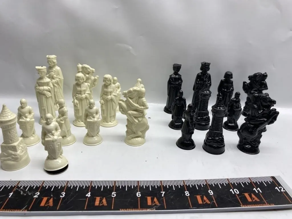 Medieval Style Chess Set, Black & Ivory Pieces