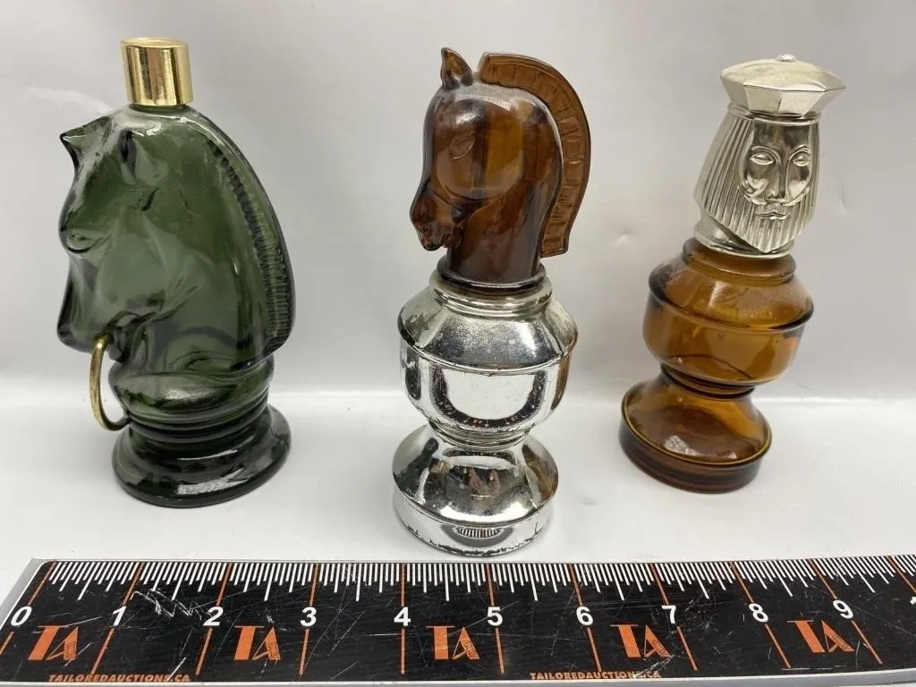 Glass Chess Piece Decanters, Set of 3