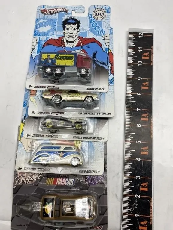 Glassware, Avon salt shaker, and Hot Wheels/racing