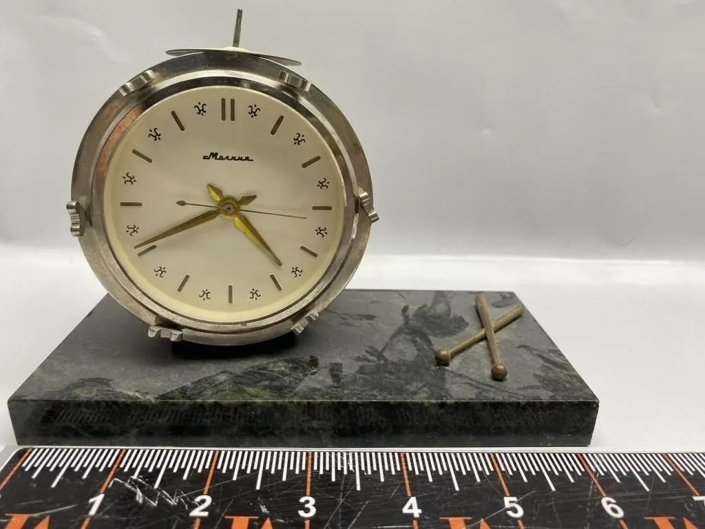 Marina brass drum-form travel alarm clock on