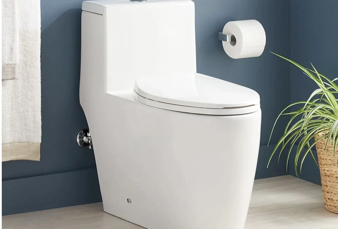 Signature Hardware Sitka 1.28 GPF One Piece Elongated Skirted Chair Height Toilet MSRP $638 Appears New in Box