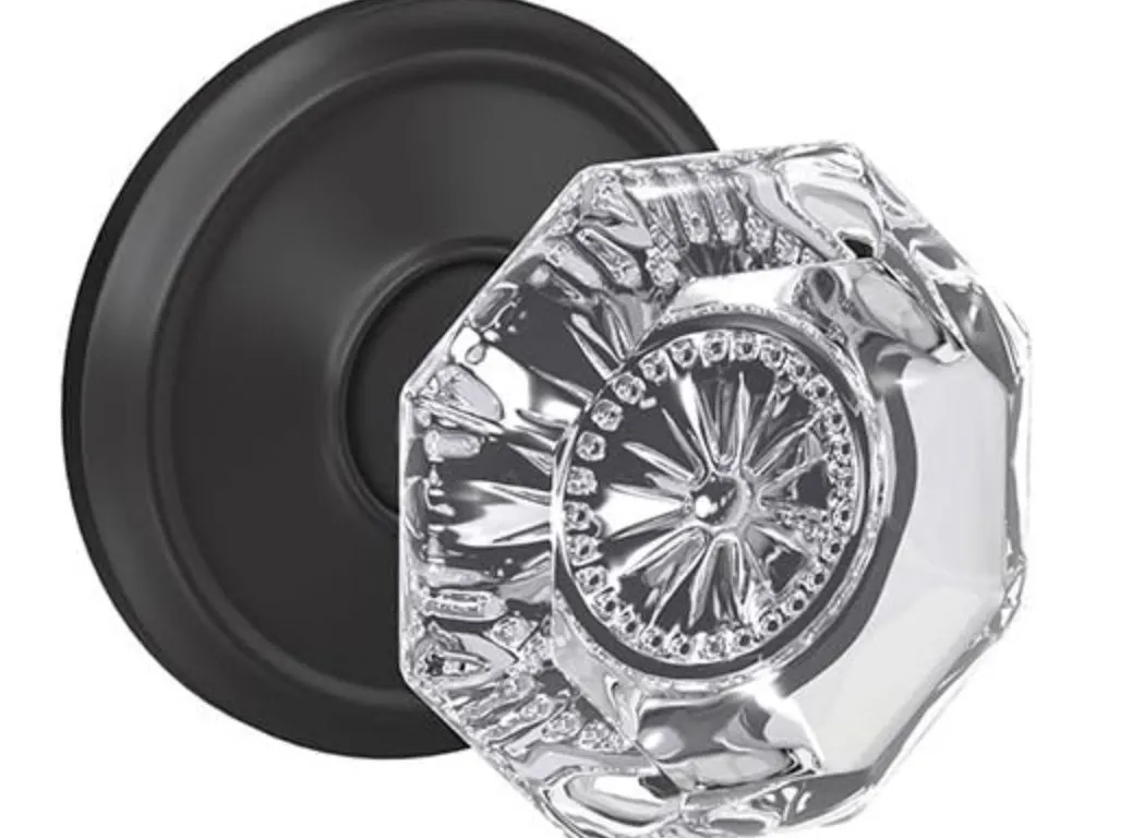 Schlage Custom FC172 ALX 622 ALD Alexandria Non-Turning Glass Knob with Alden Trim, Matte Black MSRP $112 Appears New in Box