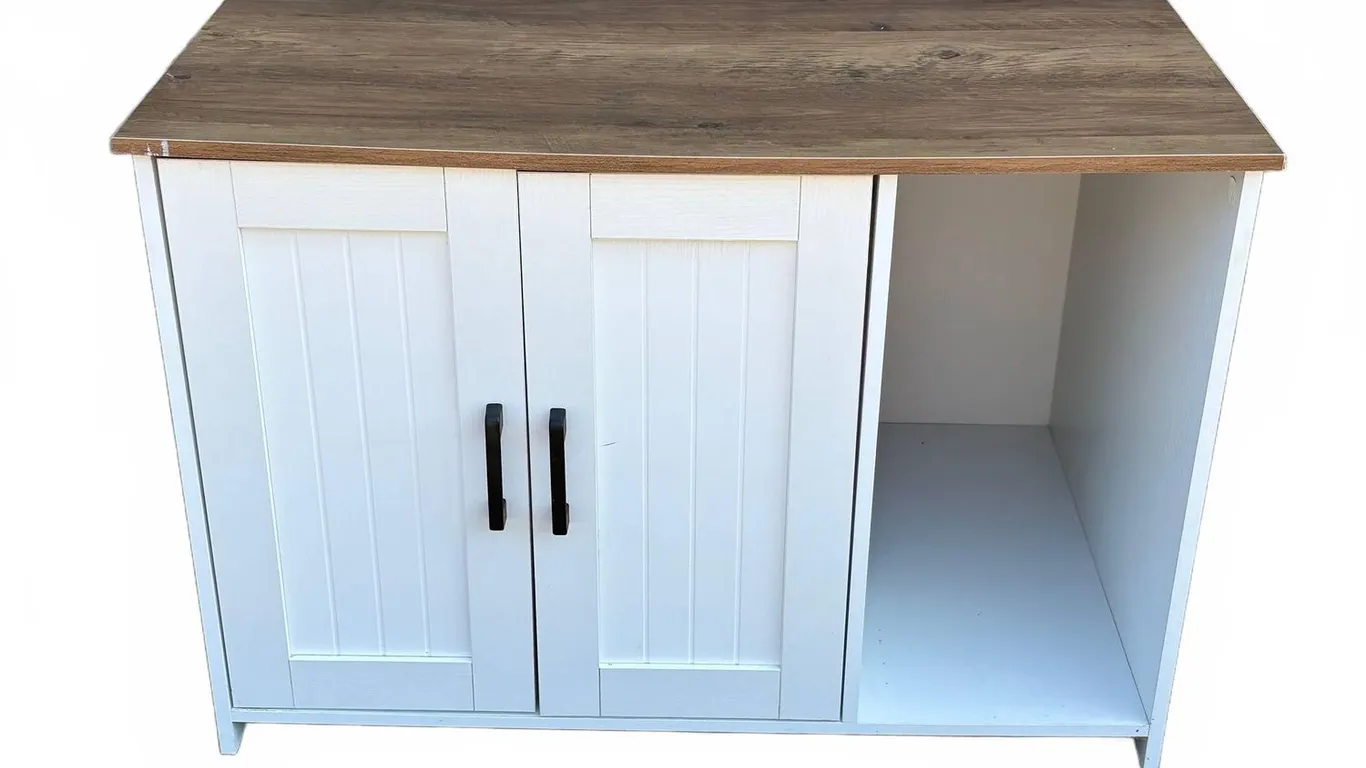White Cabinet With Wood Grain Top and Open Shelf