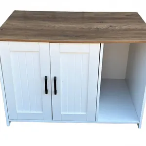 White Cabinet With Wood Grain Top and Open Shelf