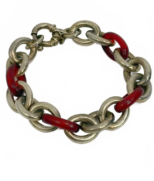 Italian Sterling Silver and Red Link Bracelet