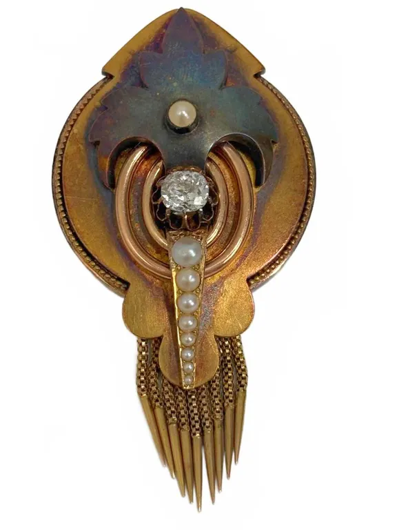 Gold Tone Brooch Faux Pearl Rhinestone Tassel