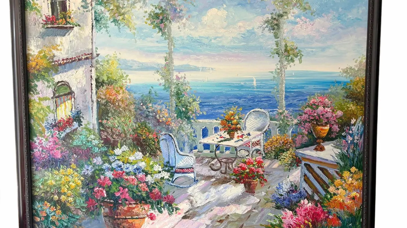 Large 52"W x 40"H Framed Garden Terrace Painting