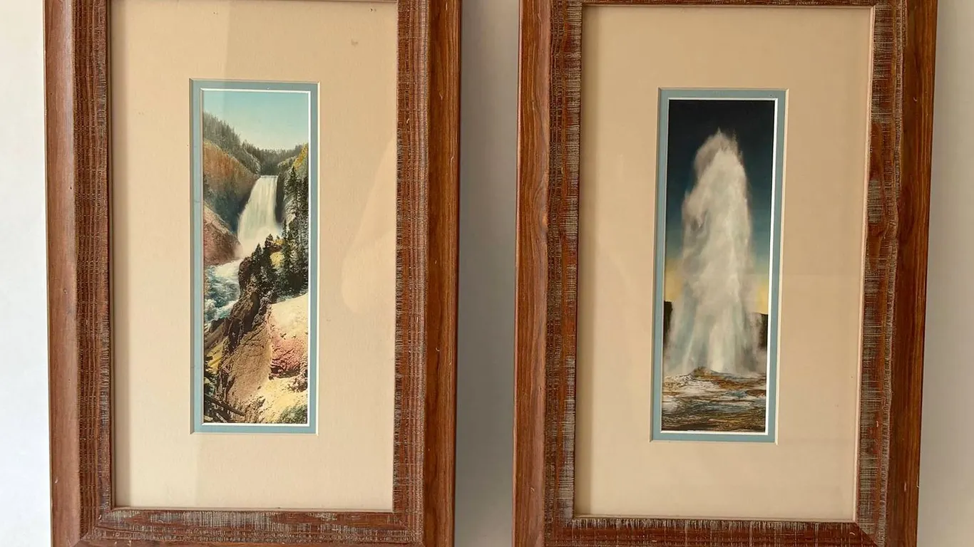 Pair Framed Yellowstone Prints Waterfall Geyser