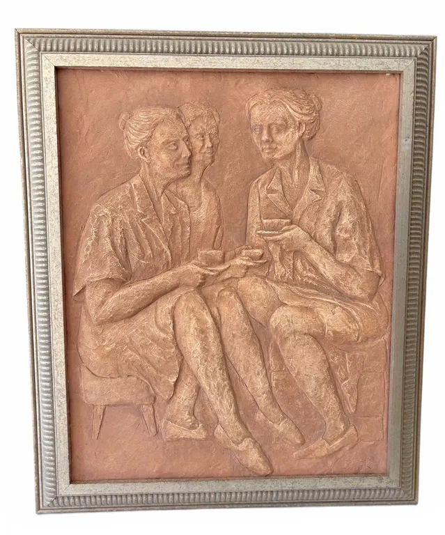 Dr. William Doak Signed Three Women Ceramic Copper Tone Relief Framed Art