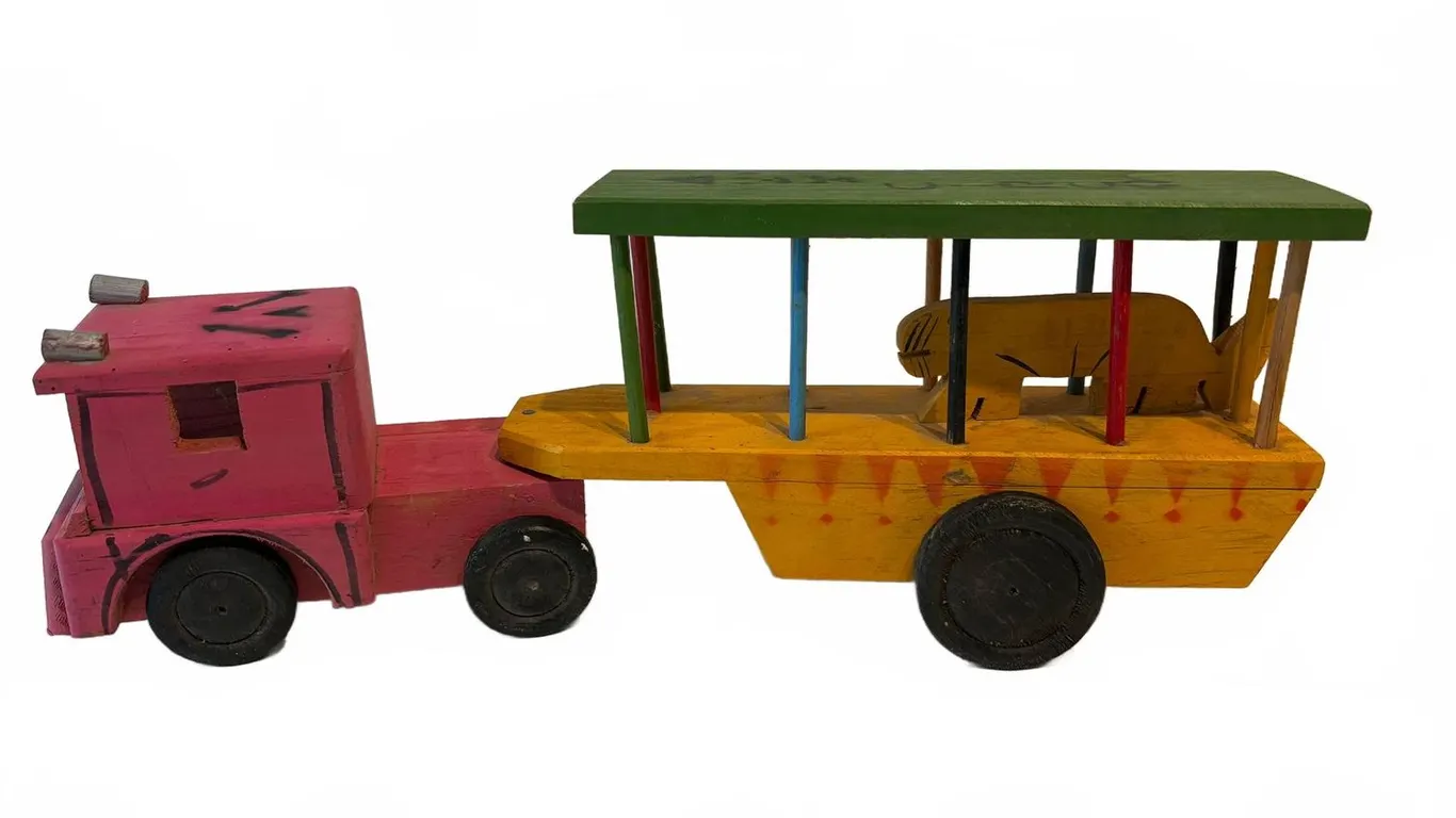 Handmade Wooden Toy Truck and Animal Trailer