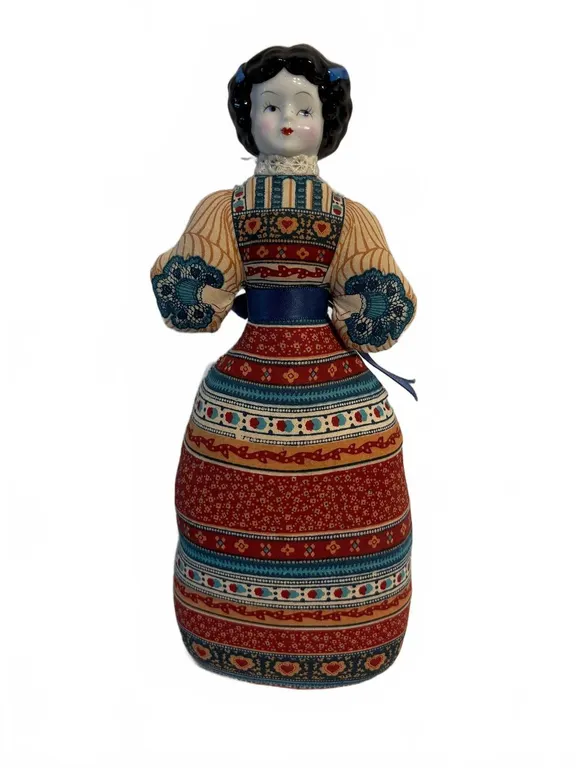 Porcelain Head Doll With Patterned Cloth Dress
