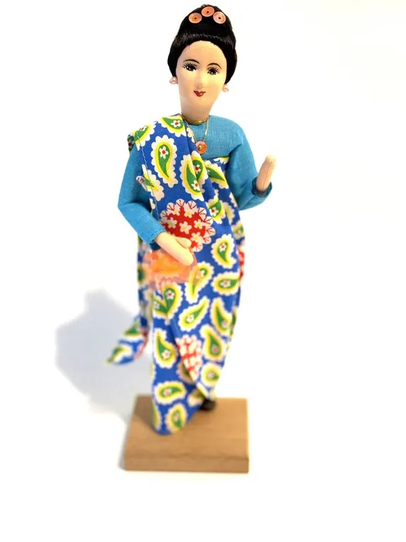 Fabric-Clad Female Figurine on Wood Base, 9"