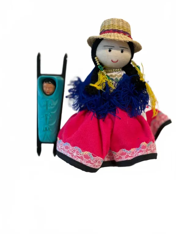 Mexican Cloth Doll with Turquoise Cradle Figure