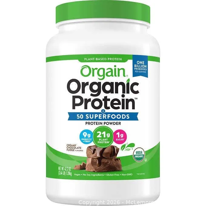Orgain Organic Plant Based Protein Powder, Creamy Chocolate Fudge, 2.64lbs - MSRP $33.99 - SEE LINK