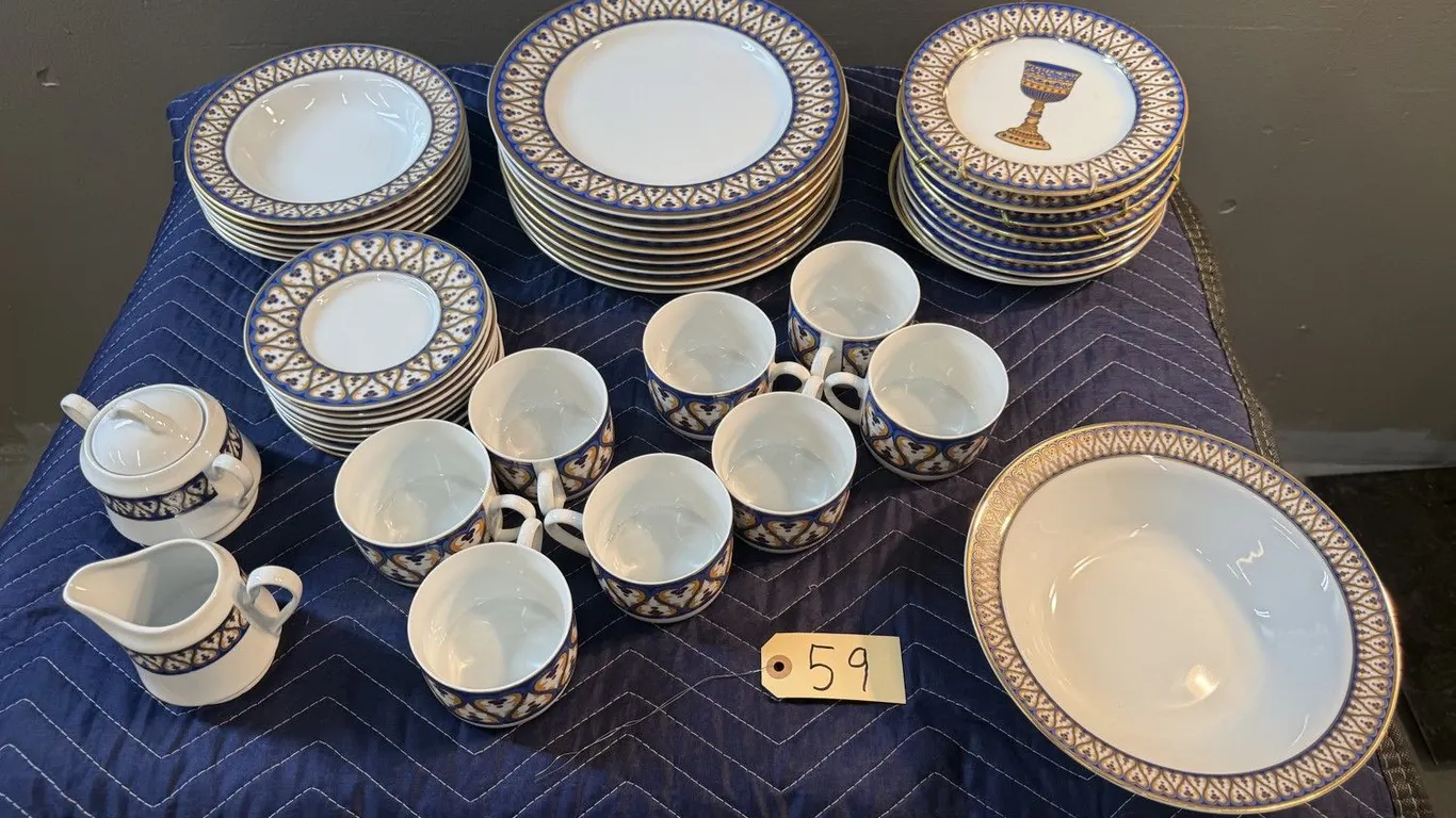 Blue and Gold Dinnerware with Serving Pieces