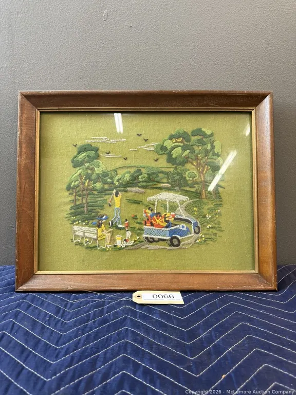 Framed Picnic-Scene Textile Art