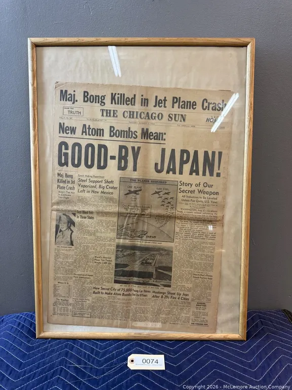 Framed Chicago Sun August 7, 1945 Newspaper Front Page