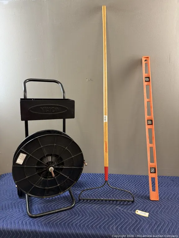 Strapping Dispenser, Razor-Back Rake and Level