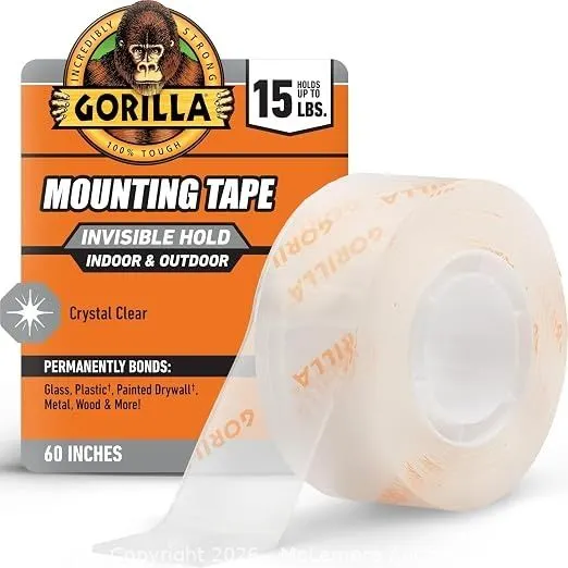 Gorilla Mounting Tape, Tough and Clear, Double-Sided, 1" x 60", Clear - MSRP $6.99