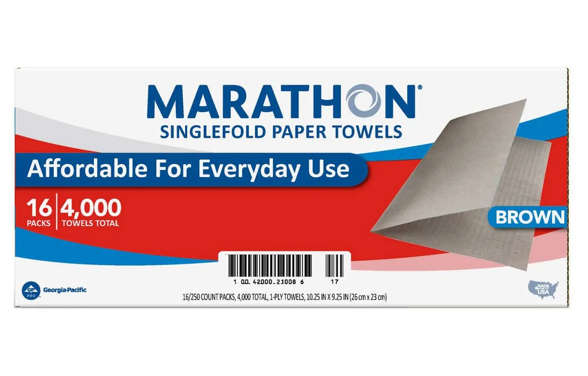 Marathon Paper Towel, Brown, 1-Ply, Singlefold - 16 Packs x 250 Sheets - MSRP $32.99