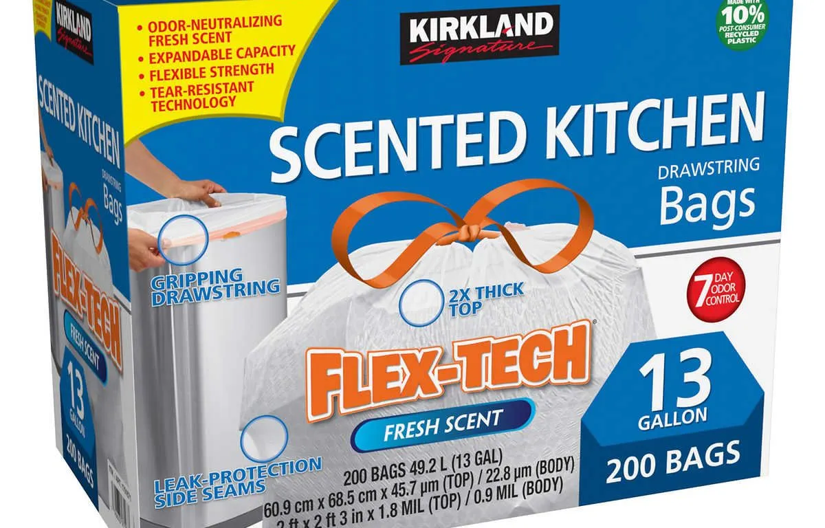 Kirkland Signature Flex-Tech 13gal Scented Kitchen Trash Bags - White - 200-Count - MSRP $17.99
