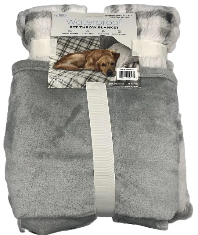 (Brand New) Doggy Decor 60" x 70" Waterproof Pet Throw Blanket, Gray/White Plaid - MSRP $27.99
