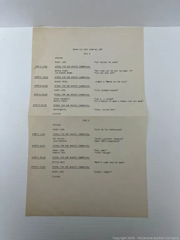 Vintage Radio Cue Sheet For The Grand Ole Opry Show No. 387.