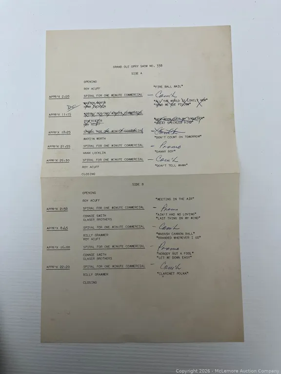 Vintage Radio Cue Sheet For The Grand Ole Opry Show No. 338.