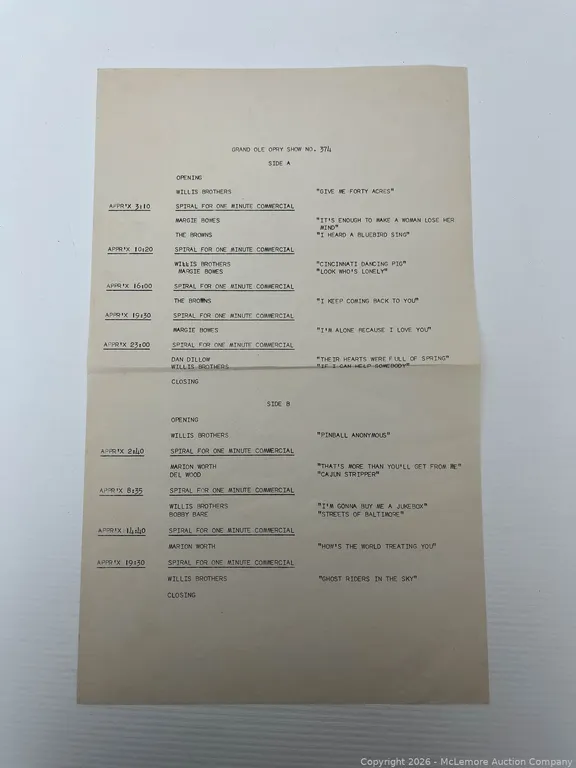 Vintage Radio Cue Sheet For The Grand Ole Opry Show No. 374