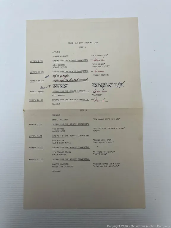 Vintage Radio Cue Sheet For The Grand Ole Opry Show No. 349