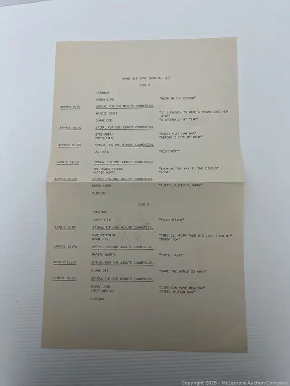 Vintage Radio Cue Sheet For The Grand Ole Opry Show No. 347