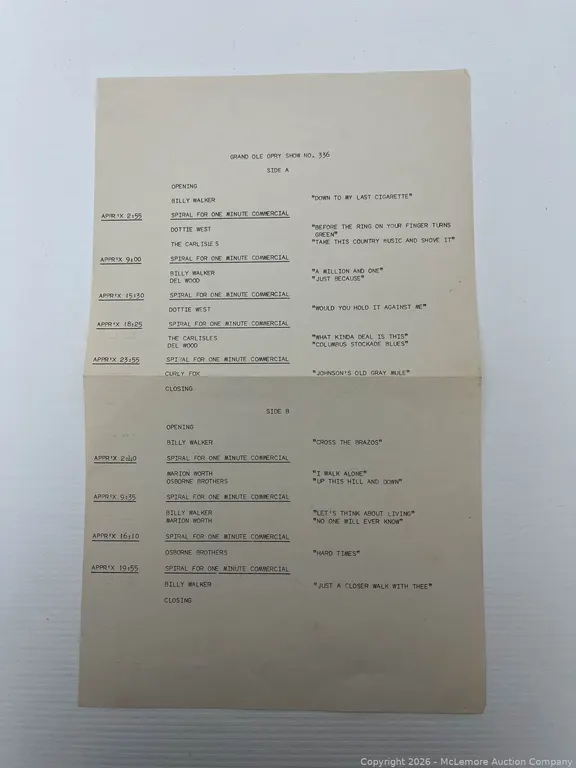 Vintage Radio Cue Sheet For The Grand Ole Opry Show No. 336
