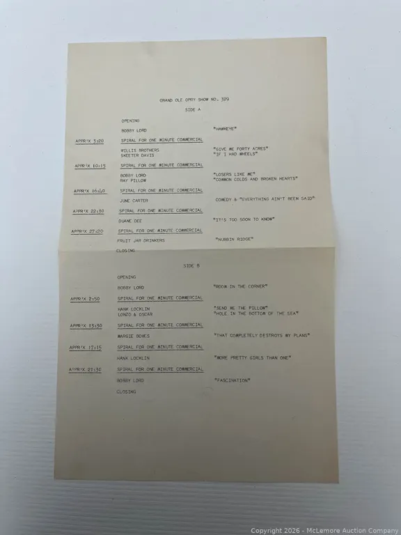 Vintage Radio Cue Sheet For The Grand Ole Opry Show No. 329