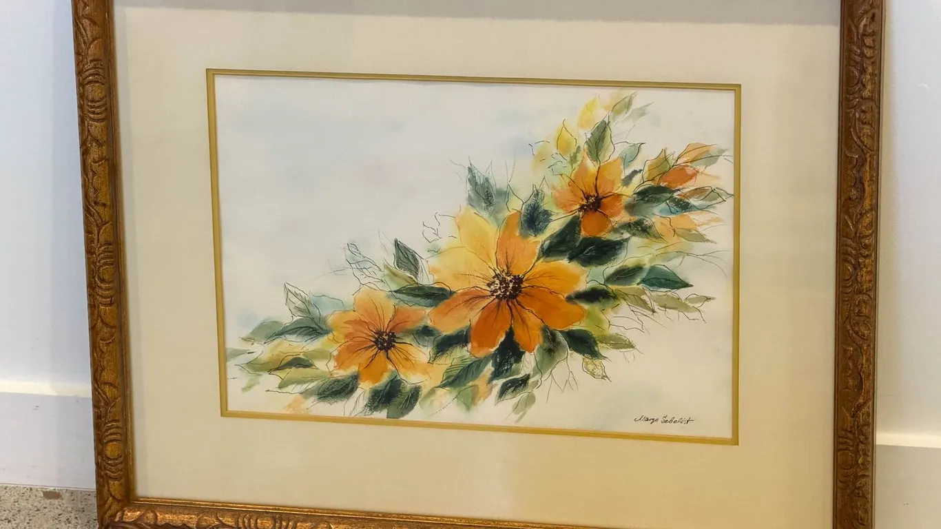 Framed Yellow Floral Artwork Signed Margo Sebelist