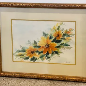 Framed Yellow Floral Artwork Signed Margo Sebelist
