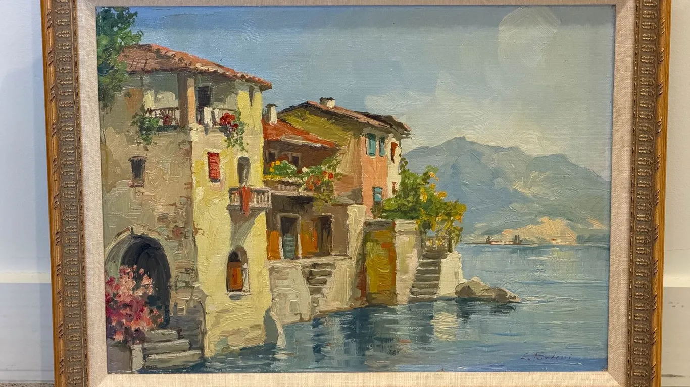 Signed Lakeside Village Oil Painting