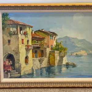 Signed Lakeside Village Oil Painting