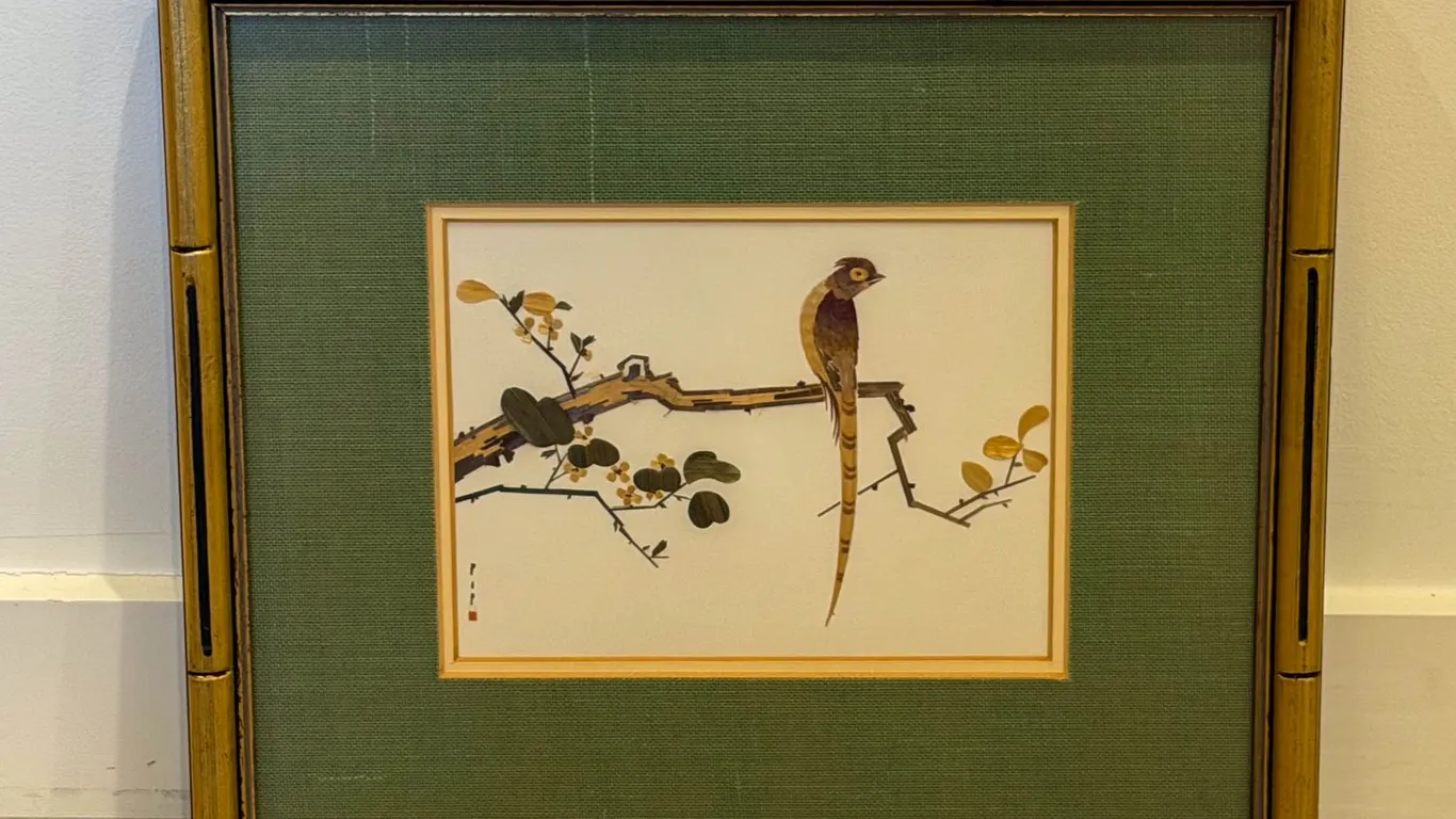 Framed Chinese Wheat-Stalk Bird Artwork