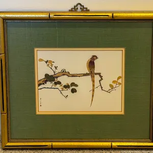 Framed Chinese Wheat-Stalk Bird Artwork