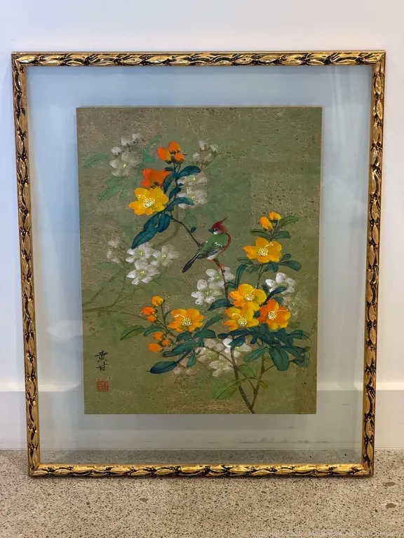 Framed Chinese Bird and Flower Artwork