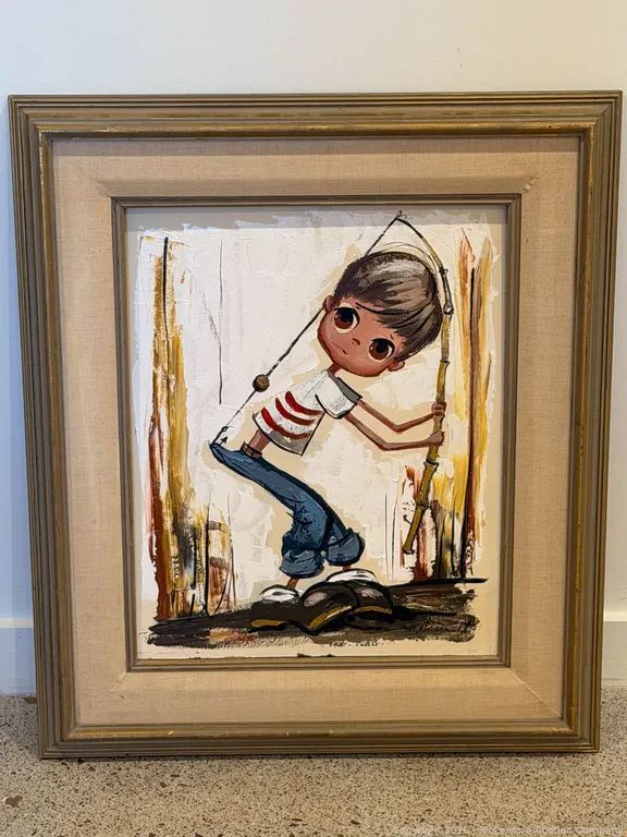 M. Hartnett Signed Big-Eyed Boy With Fishing Pole Painting