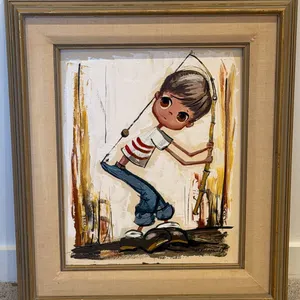 M. Hartnett Signed Big-Eyed Boy With Fishing Pole Painting
