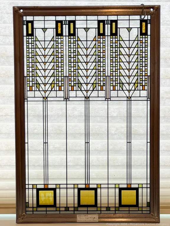 Frank Lloyd Wright-Inspired Framed Art Glass Panel