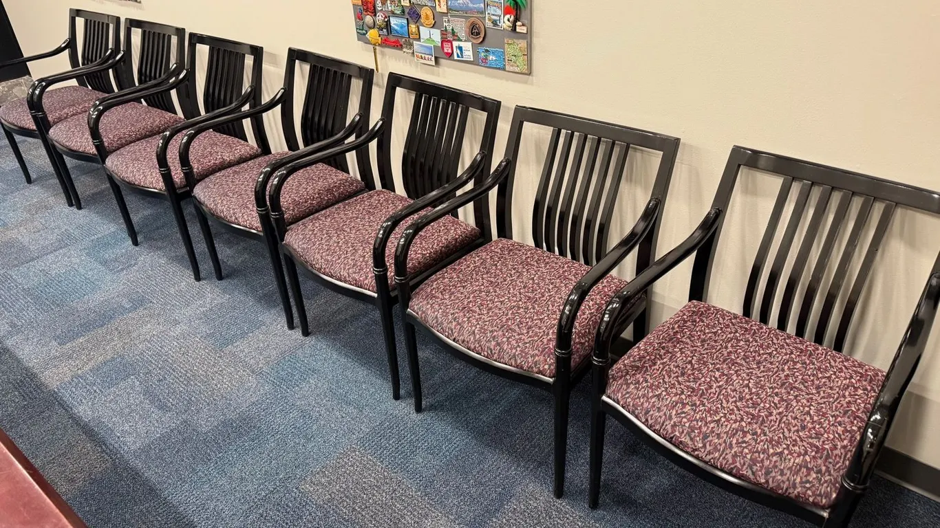 Seven Upholstered Office Chairs, Black Lacquer Frames